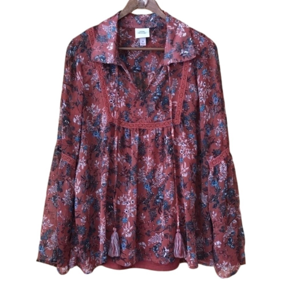 KNOX Rose crochet trim sheer boho bell sleeve floral top size medium